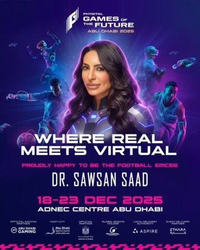 Dr. Sawsan Saad presenting at Phygital Games of the Future Abu Dhabi 2025, a global phygital football event combining physical and digital competition